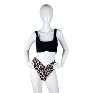 Cici Bird Leopard Print Ruched Bikini Two Piece Swimsuit Black Small and Medium